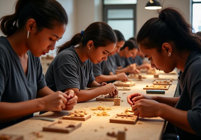 Equipo de artesanos de TierraMística en el taller de Medellín